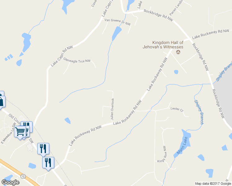 map of restaurants, bars, coffee shops, grocery stores, and more near 2135 Julien Overlook in Conyers