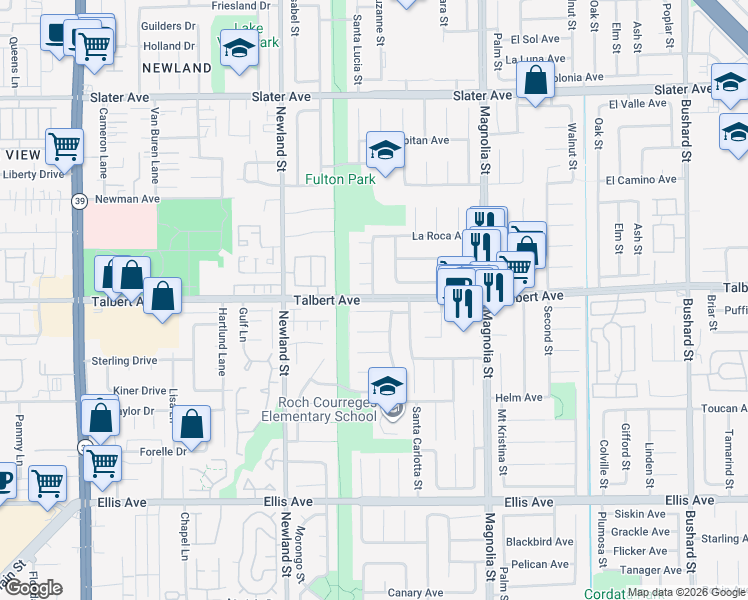 map of restaurants, bars, coffee shops, grocery stores, and more near Talbert Ave & Santa Mariana St in Fountain Valley