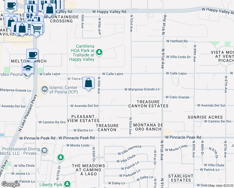map of restaurants, bars, coffee shops, grocery stores, and more near 9338 West Avenida Del Sol in Peoria
