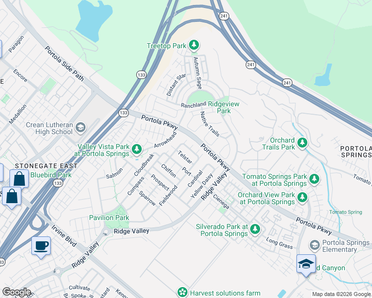 map of restaurants, bars, coffee shops, grocery stores, and more near 128 Telstar in Irvine