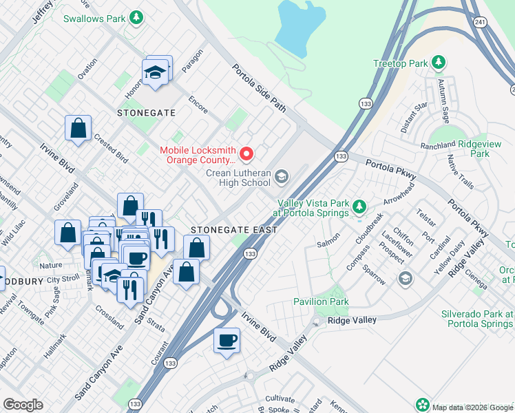 map of restaurants, bars, coffee shops, grocery stores, and more near 118 Coralwood in Irvine