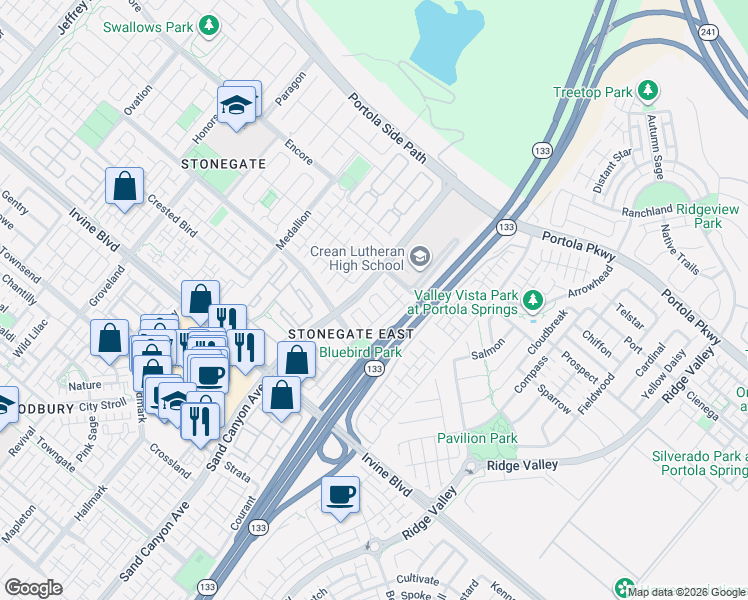 map of restaurants, bars, coffee shops, grocery stores, and more near 118 Coralwood in Irvine
