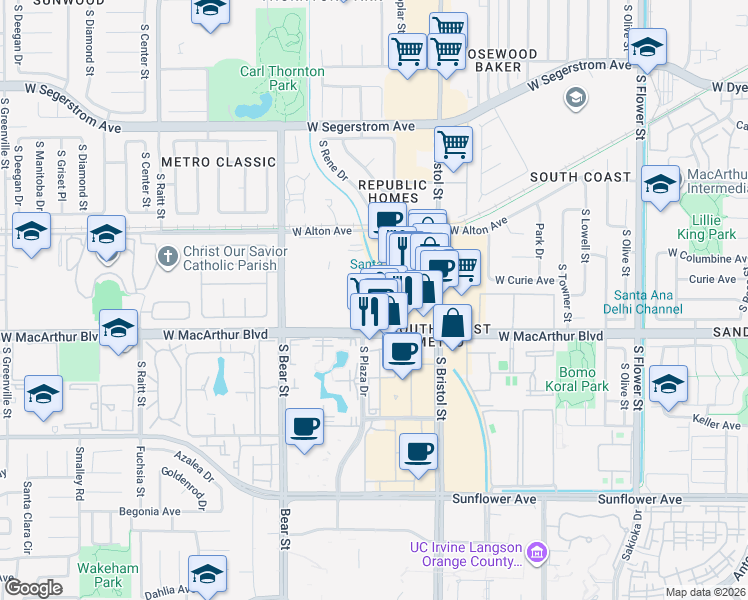 map of restaurants, bars, coffee shops, grocery stores, and more near 1441 West MacArthur Boulevard in Santa Ana