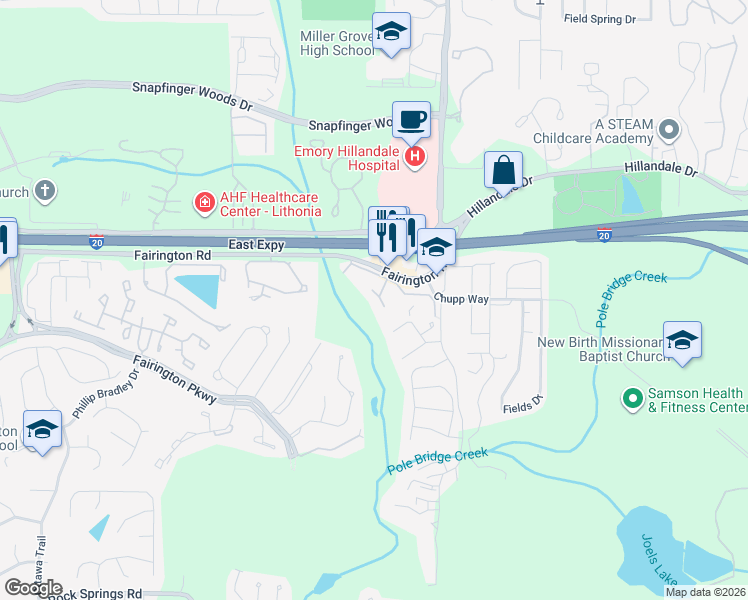 map of restaurants, bars, coffee shops, grocery stores, and more near 107 Tiburon Court in Stonecrest