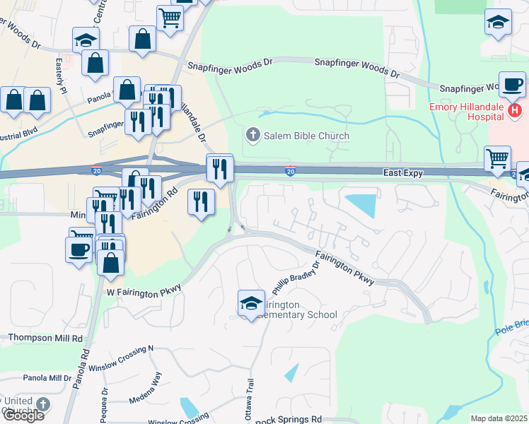 map of restaurants, bars, coffee shops, grocery stores, and more near 12 Rue Fontaine in Stonecrest