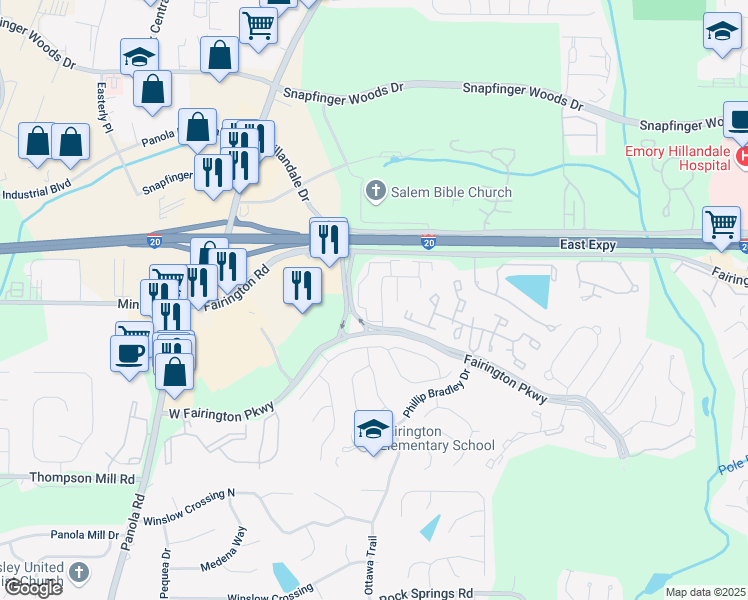 map of restaurants, bars, coffee shops, grocery stores, and more near 172 Rue Fontaine in Stonecrest