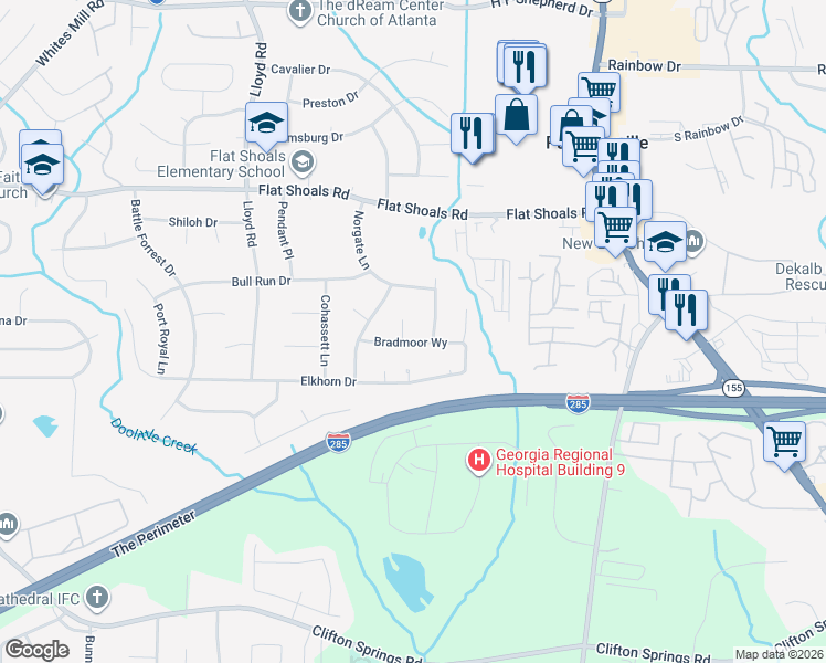 map of restaurants, bars, coffee shops, grocery stores, and more near 2706 Bradmoor Way in Decatur