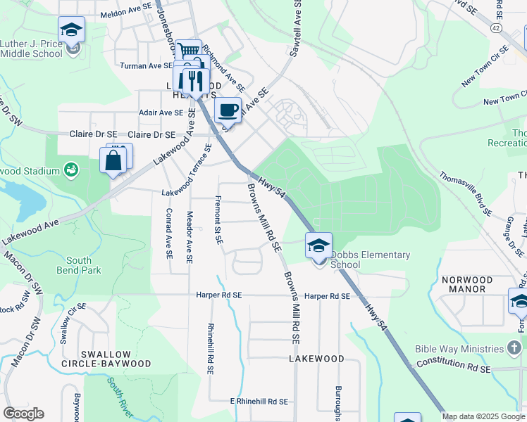 map of restaurants, bars, coffee shops, grocery stores, and more near 373 Adelle Street Southeast in Atlanta