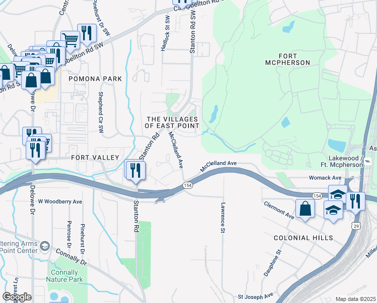 map of restaurants, bars, coffee shops, grocery stores, and more near 1737 McClelland Avenue in East Point