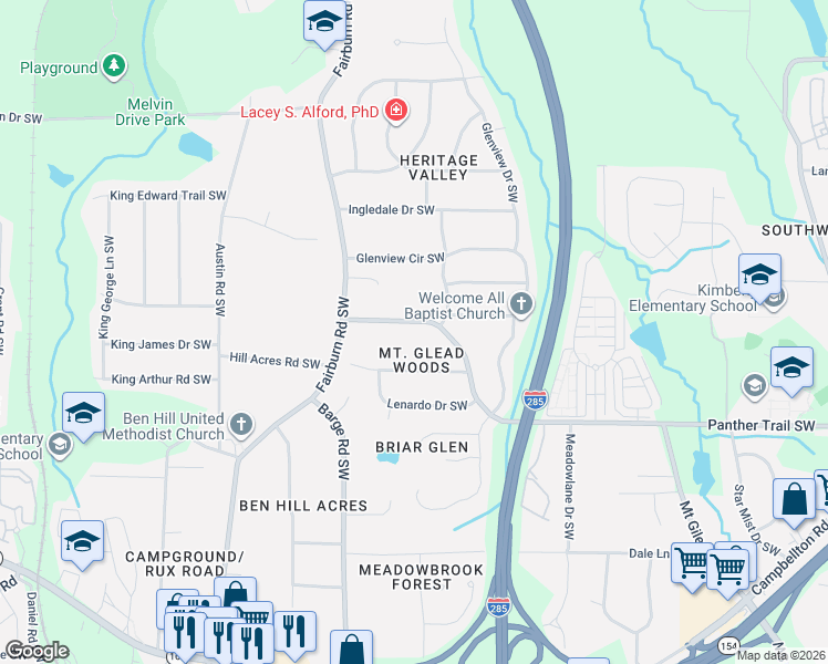 map of restaurants, bars, coffee shops, grocery stores, and more near 3507 Creighton Road Southwest in Atlanta