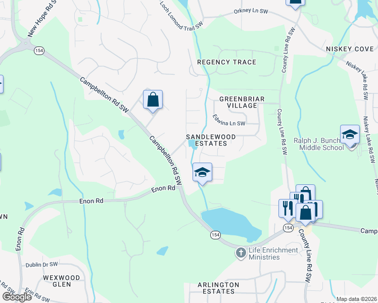 map of restaurants, bars, coffee shops, grocery stores, and more near 2011 Sandbrook Court Southwest in Atlanta