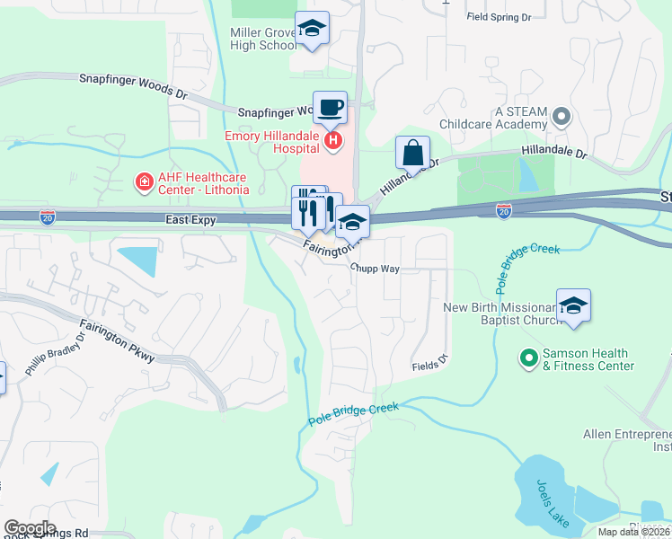 map of restaurants, bars, coffee shops, grocery stores, and more near 29 Tiburon Drive in Stonecrest