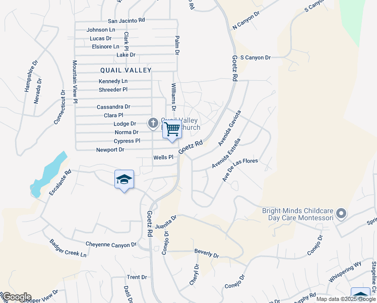 map of restaurants, bars, coffee shops, grocery stores, and more near 28968 Goetz Road in Menifee