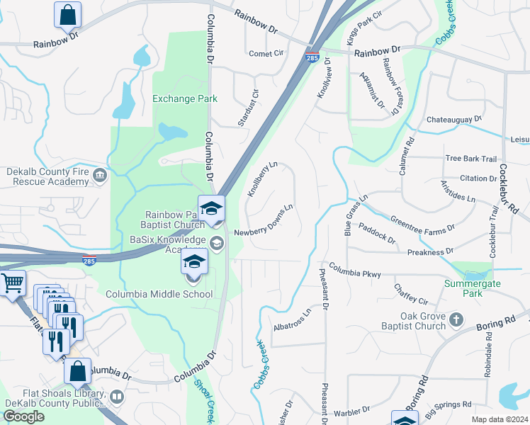map of restaurants, bars, coffee shops, grocery stores, and more near 3457 Newberry Trail in Decatur