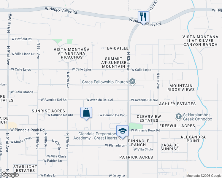 map of restaurants, bars, coffee shops, grocery stores, and more near 8428 West Avenida Del Sol in Peoria