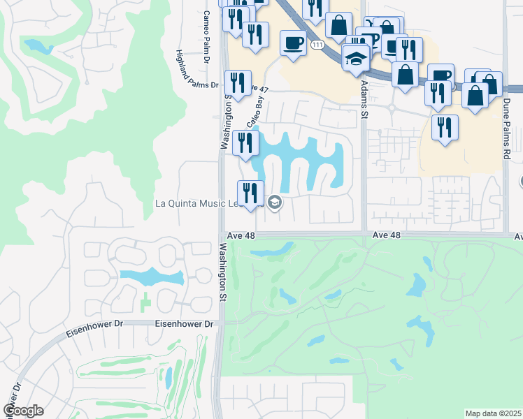 map of restaurants, bars, coffee shops, grocery stores, and more near 47960 Vía Firenze in La Quinta