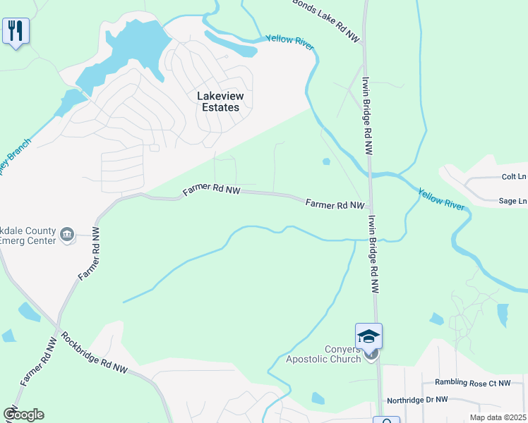 map of restaurants, bars, coffee shops, grocery stores, and more near 2435 Farmer Road Northwest in Conyers