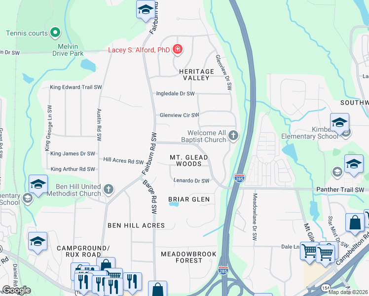 map of restaurants, bars, coffee shops, grocery stores, and more near 3496 Mount Gilead Road Southwest in Atlanta