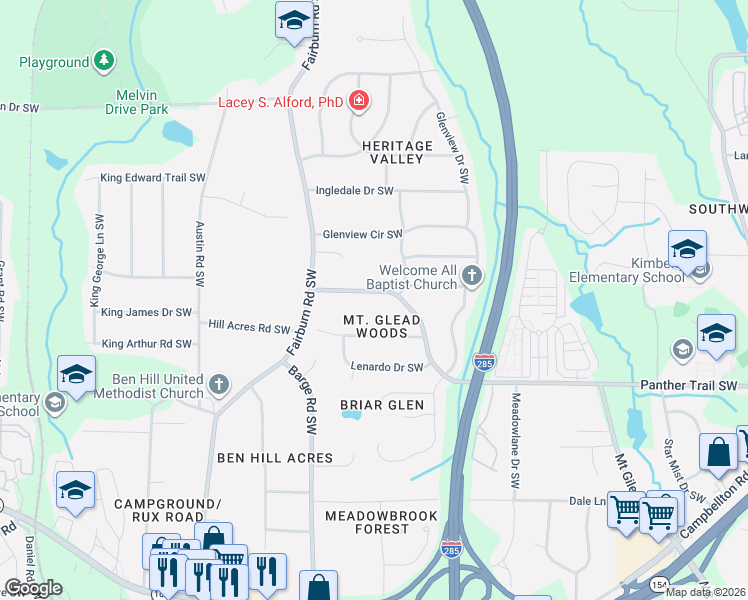 map of restaurants, bars, coffee shops, grocery stores, and more near 3507 Creighton Road Southwest in Atlanta