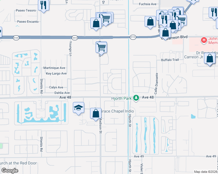 map of restaurants, bars, coffee shops, grocery stores, and more near 47800 Madison Street in Indio