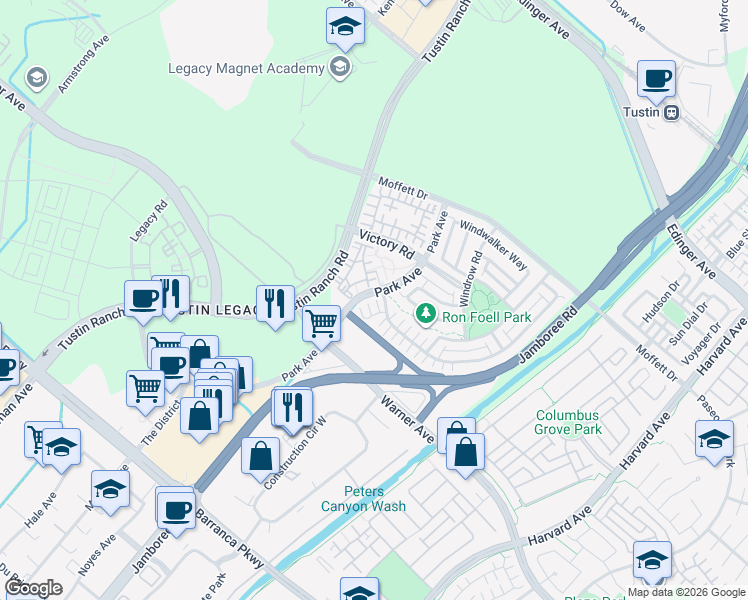 map of restaurants, bars, coffee shops, grocery stores, and more near 33 Brisbane Court in Tustin