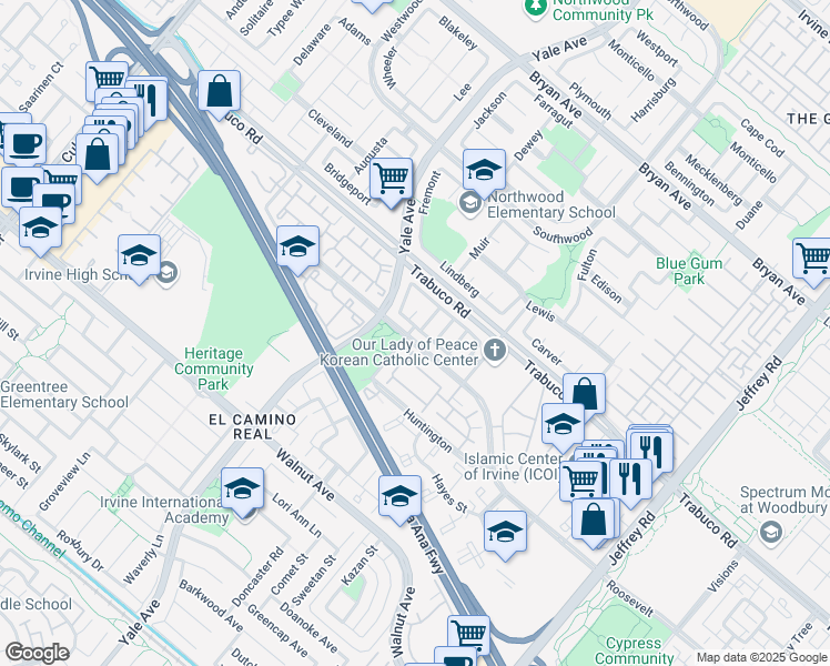 map of restaurants, bars, coffee shops, grocery stores, and more near 14 Pleasonton in Irvine