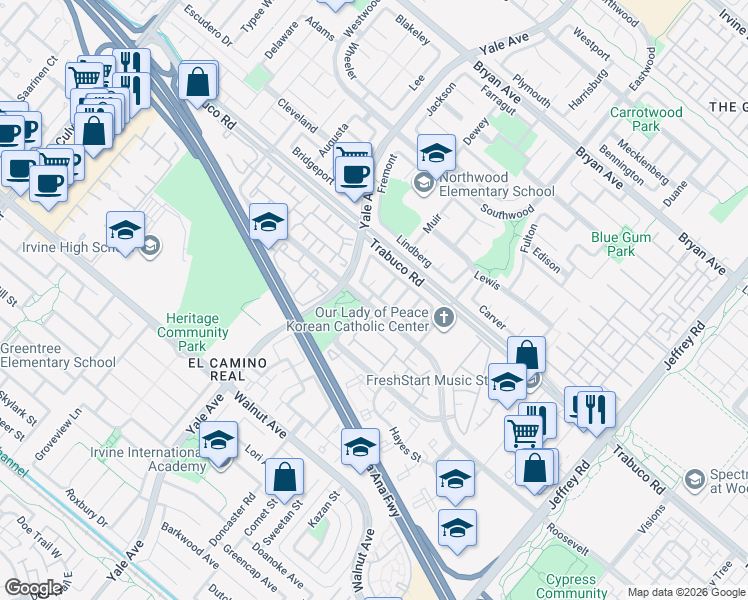 map of restaurants, bars, coffee shops, grocery stores, and more near 14 Pleasonton in Irvine