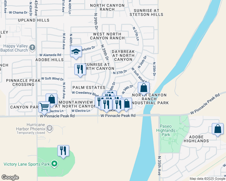 map of restaurants, bars, coffee shops, grocery stores, and more near 23637 N 38th Drive in Glendale
