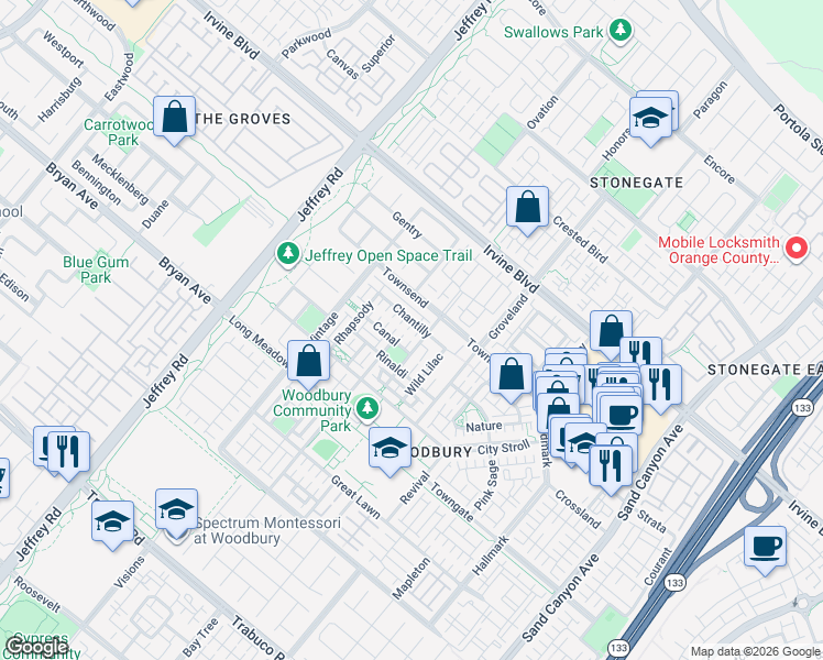 map of restaurants, bars, coffee shops, grocery stores, and more near 112 Chantilly in Irvine