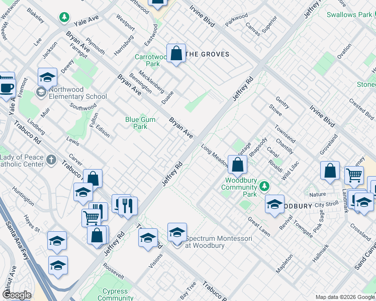 map of restaurants, bars, coffee shops, grocery stores, and more near Jeffrey Road in Irvine