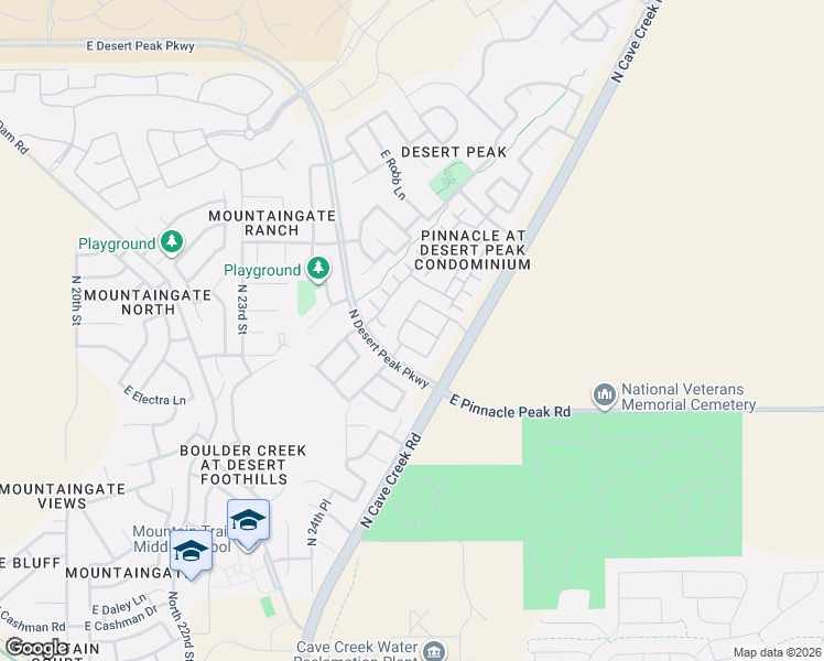 map of restaurants, bars, coffee shops, grocery stores, and more near 23555 North Desert Peak Parkway in Phoenix
