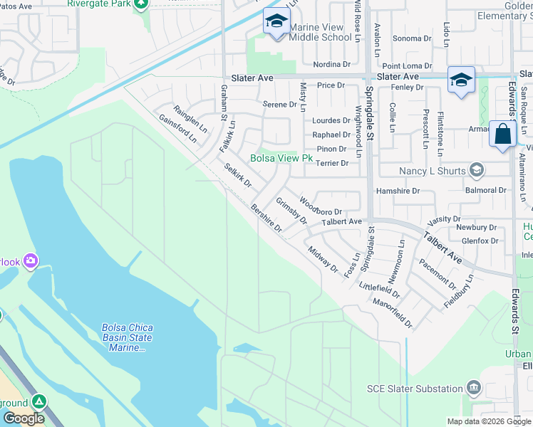 map of restaurants, bars, coffee shops, grocery stores, and more near 17982 Whitford Lane in Huntington Beach