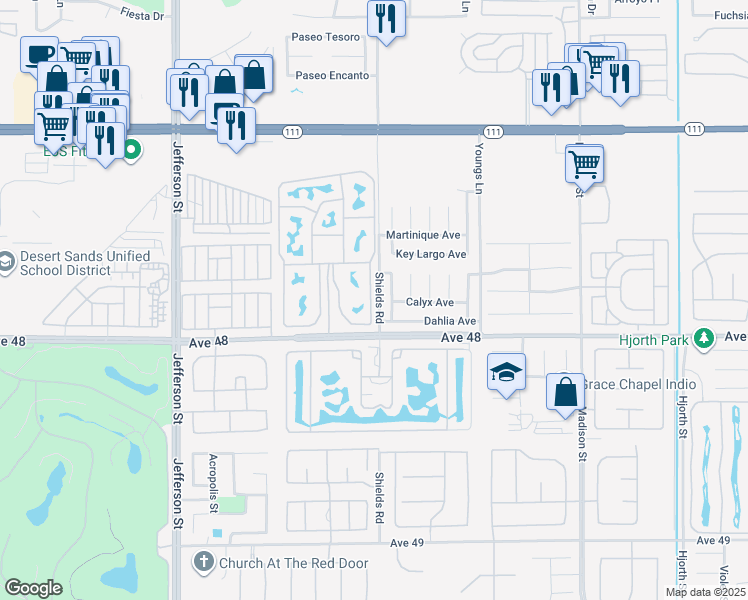map of restaurants, bars, coffee shops, grocery stores, and more near 80394 Avenue 48 in Indio