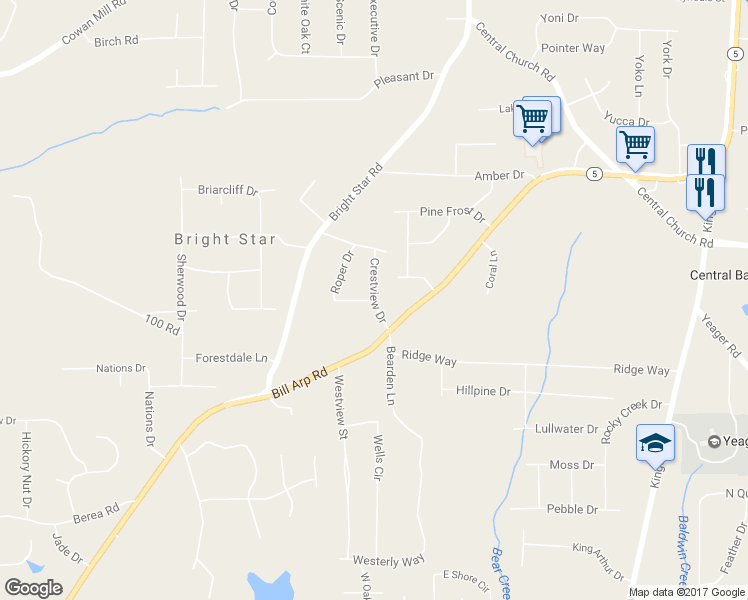 map of restaurants, bars, coffee shops, grocery stores, and more near 18 Crestview Drive in Douglasville