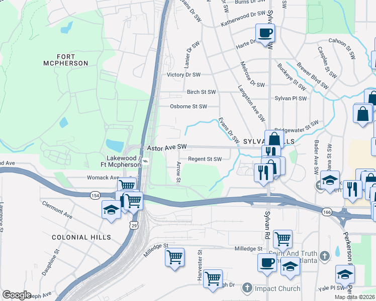 map of restaurants, bars, coffee shops, grocery stores, and more near 1097 Astor Avenue Southwest in Atlanta