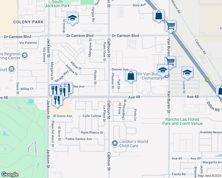 map of restaurants, bars, coffee shops, grocery stores, and more near 47927 Phoenix Street in Indio