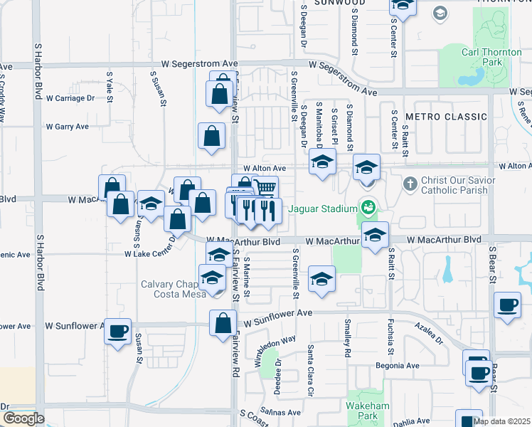 map of restaurants, bars, coffee shops, grocery stores, and more near 3474 Aries Court in Santa Ana