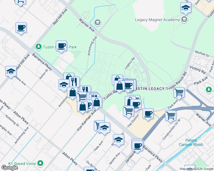 map of restaurants, bars, coffee shops, grocery stores, and more near Tustin Ranch in Irvine