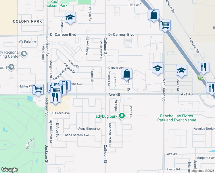 map of restaurants, bars, coffee shops, grocery stores, and more near 47927 Phoenix Street in Indio