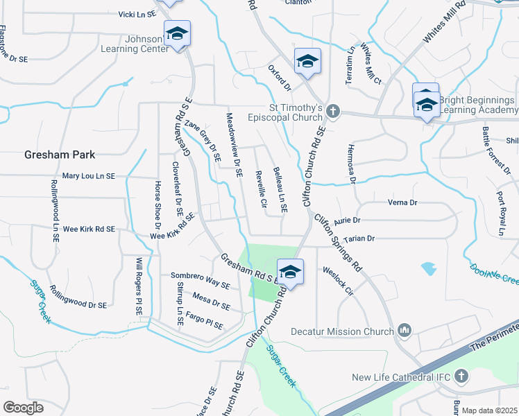 map of restaurants, bars, coffee shops, grocery stores, and more near 2917 Reveille Circle in Atlanta