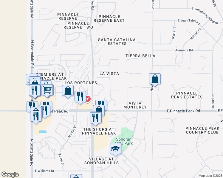 map of restaurants, bars, coffee shops, grocery stores, and more near 7738 East Camino Del Monte in Scottsdale
