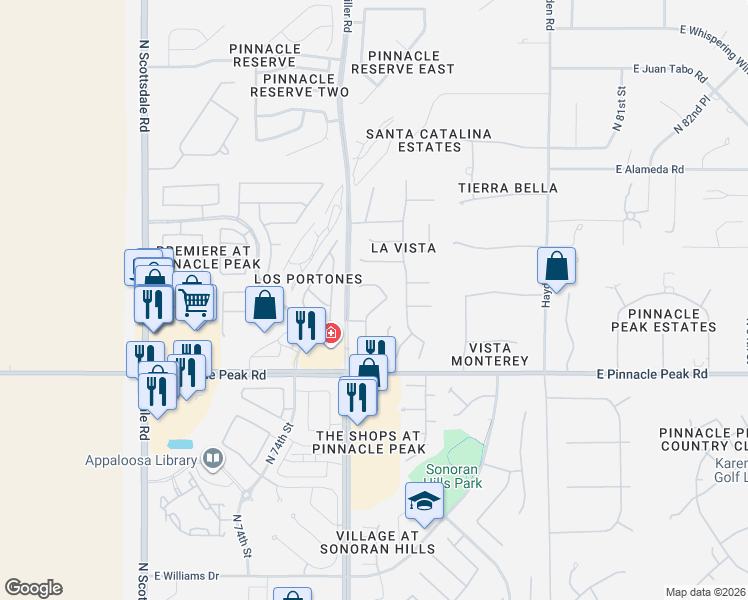 map of restaurants, bars, coffee shops, grocery stores, and more near 7655 East Starla Drive in Scottsdale