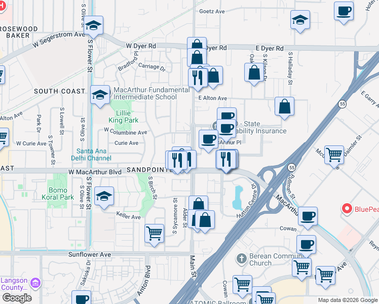 map of restaurants, bars, coffee shops, grocery stores, and more near in Santa Ana