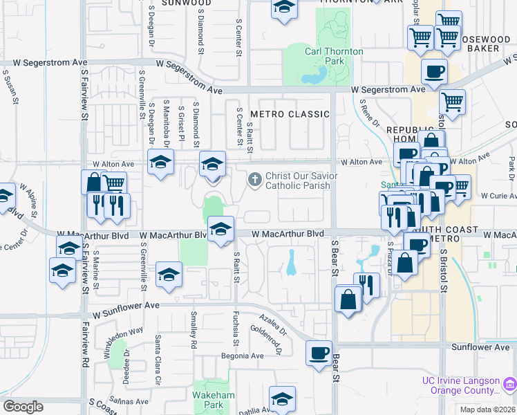 map of restaurants, bars, coffee shops, grocery stores, and more near 2001 West MacArthur Boulevard in Santa Ana