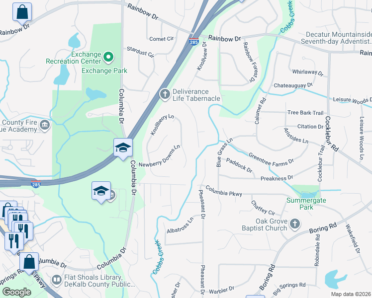 map of restaurants, bars, coffee shops, grocery stores, and more near 2737 Knollberry Lane in Decatur