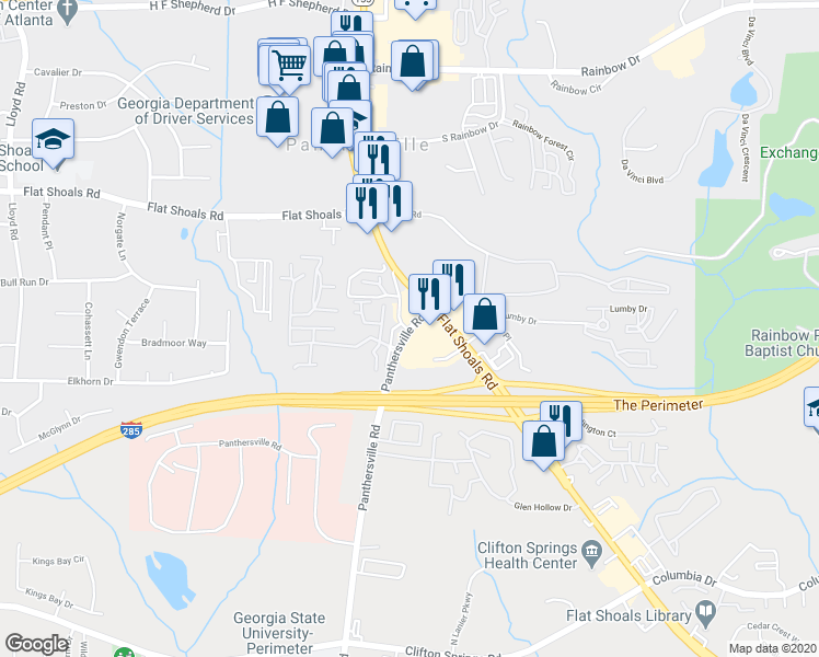 map of restaurants, bars, coffee shops, grocery stores, and more near 3615 Flat Shoals Road in Decatur