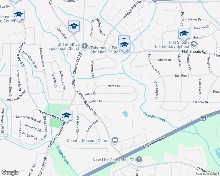 map of restaurants, bars, coffee shops, grocery stores, and more near 2317 Verna Drive in Decatur