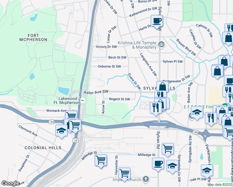 map of restaurants, bars, coffee shops, grocery stores, and more near 1097 Astor Avenue Southwest in Atlanta