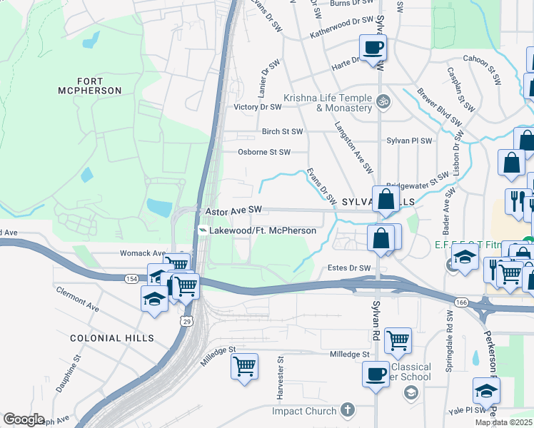map of restaurants, bars, coffee shops, grocery stores, and more near 1097 Astor Avenue Southwest in Atlanta