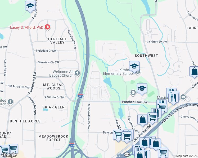 map of restaurants, bars, coffee shops, grocery stores, and more near 3107 Tylerton Drive Southwest in Atlanta